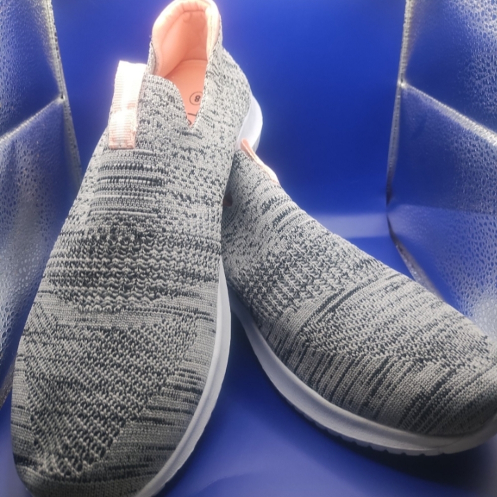 Gray and Pink Knit Slip-On Sneakers